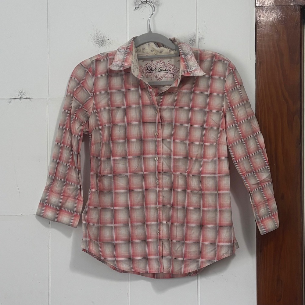 Robert Graham Pink Plaid Embroidered Cotton Button Down Shirt Womens Small